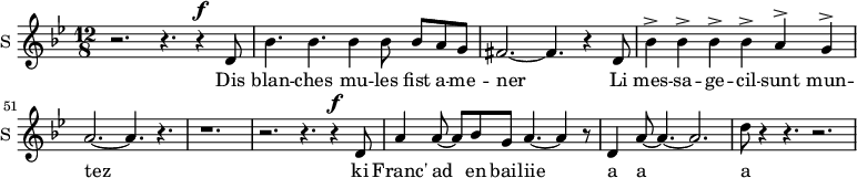 
\new Staff \with {
  midiInstrument = #"Flute"
  instrumentName = #"S "
  shortInstrumentName = #"S "
  } {
  \relative c' {  
   \time 12/8 \key bes \major 
   \set Score.currentBarNumber = #47
      r2. r4. r4 ^\f d8 
      bes'4. bes4. bes4 bes8 bes8 a g
      fis2.~ fis4. r4 d8
      bes'4^> bes4^> bes4^> bes4^> a4^> g4^>
      a2.~ a4. r4.
      r1.
      r2. r4. r4 ^\f d,8
      a'4 a8~ a8 bes8 g8 a4.~ a4 r8
       d,4  a'8~ a4.~ a2.
      d8 r4 r4. r2.
  }  }
 \addlyrics { 
      Dis blan -- ches mu -- les fist a -- me -- ner
      Li mes  -- sa  --   ge -- cil -- sunt    mun  -- tez
      ki Franc' ad en bail -- iie
     a a a
            }
