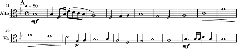 
\new Staff \with {
  midiInstrument = "viola"
  shortInstrumentName = #"Va"
  instrumentName = #"Alto"
  } {
 \clef alto \relative c' {  
   \time 4/4 \key bes \major \tempo 4 = 80 
   \set Score.currentBarNumber = #11
   \bar "||" \mark \default
   bes1 \mf \!
   bes4 f8. bes16 ees8 \( d c bes
   a1 \)
   f2 g4 a
   bes1 
   g2 f2
   a1
   c1 \<
   g'1
   f1 \! \>
   ees1
   d2 \! g,4 \p a
   bes2. bes4
   a2 f2
   g2 bes2
   a1
   bes4. \mf bes16 bes d4 bes
   bes1
}}
