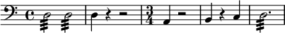 
\new Staff \with {
  midiInstrument = "steel drums"
 }{
   \clef bass \relative c {  
  \time 4/4 d2:32 d2:32
  d4 r4 r2
  \time 3/4 a4 r2
  b4 r4 c4
 d2.:32
  }
 
}

