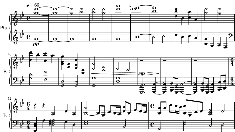 
\new PianoStaff \with { 
       instrumentName = #"Pia." 
       shortInstrumentName = #"P. "
       } 
 <<
      \new Staff \relative c'' { 
        \time 4/4 \key bes \major 
 \tempo 4 = 66
         <g' d'>1~ <g d'>1~ 
         <f d'>2 <a d>2
         <a d>2 <g d'>2
         <d' g>1
         <d e>1~
         <bes e>  
         <d, bes' d>4 bes <c a'> a
         <g' d'>2 <f d'>
         <d d'>4 bes' <c, c'> a'
         <g, bes g'>4 <d g> <c f d'> <a ees>
         <bes g'>2 <a d>
         <bes>2 a
         r1 r r
    \time 6/4
         r4 r a2 d4 a
         <bes g'>2~ bes8 g c8 bes16 a <d a'>8 bes ees8 d16 c
    \time 4/4
          <bes g'>8 g' c8 bes16 a <bes, bes'>8 g c d
          <a c ees>2 d2
}

 \new Dynamics = "Dynamics_pf" 
       {
         \time 4/4
           s1 
           s1 s s s s   s s s s s 
           s1 \< 
           s1
           s4 \! \mp \> s2.
           s1 \!
           s1
       }

  \new Staff \relative c'' { 
       \time 4/4 \key bes \major
       g1~ \pp
       g1~ 
       g1 
       g 
       g

       bes1~
       bes2 c
         d4 bes4 c a
         <bes, g'>4 g a f
      \clef bass
        <g d'>2  <f f'>
      <g, d'>2 <g c>  
      <g g'>1
      <d' g>
      <g,, g'>2. <a a'>4~ 
      <a a'>4 <bes bes'>8 <g g'> <a a'>2~
      <a a'>4 <bes bes'>8 <g g'>8 <a a'>4  <c c'>8 <d d'>
      <ees c' ees>4 a'4 <d, fis a>2 g4 d
      <ees g>1 bes2
  \time 4/4
       g2 <ees' g>2
      c2 d
}
>>
