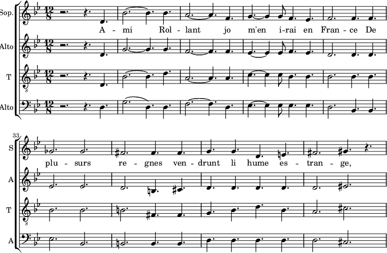 
\new ChoirStaff <<
\new Staff \with {
  midiInstrument = "choir aahs"
  shortInstrumentName = #"S"
  instrumentName = #"Sop."
  } {
  \relative c' {  
   \time 12/8 \key bes \major 
    \set Score.currentBarNumber = #28
   r2. r4. d4.
   bes'2.~ bes4. bes4.
   a2.~ a4. f4.
   g4.~ g4 g8 f4. ees4.
   f2. f4. f4.
   ges2. ges2.    
   fis2.  fis4. fis4.
   g4. g4. d4. e4.
   fis2. gis4. r4.

        
  }  }
 \addlyrics { 
               A -- mi Rol -- lant jo m'en i -- rai en Fran -- ce
               De plu -- surs re -- gnes ven -- drunt li hume es -- tran -- ge, 
            }

\new Staff \with {
  midiInstrument = "choir aahs"
  shortInstrumentName = #"A"
  instrumentName = #"Alto"
  } {
  \relative c' {  
   \time 12/8 \key bes \major 
    \set Score.currentBarNumber = #28
   r2. r4. d4.
   g2.~ g4. g4.
   f2.~ f4. f4.
   ees4.~ ees4 ees8 f4. ees4.
   d2. d4. d4.
   ees2. ees2.    
   d2.  b4. cis4.
   d4. d4. d4. d4.
   d2. eis2.     
  }  }
\new Staff \with {
  midiInstrument = "voice oohs"
  shortInstrumentName = #"T "
  instrumentName = #"T "
  } {
  \relative c {  
   \clef "treble_8"
   \time 12/8 \key bes \major 
    \set Score.currentBarNumber = #28
   r2. r4. d4.
   bes'2.~ bes4. d4.
   a2.~ a4. a4.
   c4.~ c4 c8 bes4. bes4.
   bes2. bes4. bes4.
   bes2. bes2.    
   b2.  fis4. fis4.
   g4. bes4. d4. bes4.
   a2. cis2.
  }  }

\new Staff \with {
  midiInstrument = "choir aahs"
  shortInstrumentName = #"A"
  instrumentName = #"Alto"
  } {
  \clef bass  \relative c {  
   \time 12/8 \key bes \major 
    \set Score.currentBarNumber = #28
   r2. r4. d4.
   g2. ( d4. ) d4.
   f2.~ f4. d4.
   ees4.~ ees4 ees8 ees4. ees4.
   d2. bes4. bes4.
   ees2. bes2.    
   b2.  b4. b4.
   d4. d4. d4. d4.
   d2. cis2. 

        
  }  }
>>

