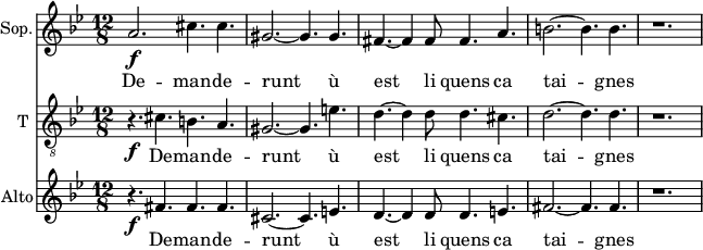 
<<
\new Staff \with {
  midiInstrument = "choir aahs"
  shortInstrumentName = #"S"
  instrumentName = #"Sop."
  } {
  \relative c'' {  
   \time 12/8 \key bes \major 
    \set Score.currentBarNumber = #37
   a2. \f cis4. cis4.
   gis2.~ gis4.  gis4.
  fis4.~ fis4 fis8 fis4. a4.
      b2.~ b4. b4. r1.

        
  }  }
 \addlyrics { 
               De -- man -- de -- runt
               ù  est li  quens ca tai -- gnes 
            }

\new Staff \with {
  midiInstrument = "voice oohs"
  shortInstrumentName = #"T "
  instrumentName = #"T "
  } {
  \relative c' {  
   \clef "treble_8"
   \time 12/8 \key bes \major 
    \set Score.currentBarNumber = #37
    r4. \f cis4. b4. a4.
      gis2.~ gis4. e'4.
      d4.~ d4 d8 d4. cis4.
      d2.~d4. d4.
      r1.
        
  }  }
 \addlyrics { 
               De -- man -- de -- runt
               ù  est li  quens ca tai -- gnes 
            }


\new Staff \with {
  midiInstrument = "choir aahs"
  shortInstrumentName = #"A"
  instrumentName = #"Alto"
  } {
  \relative c' {  
   \time 12/8 \key bes \major 
    \set Score.currentBarNumber = #37
   r4. \f fis4. fis4. fis4.
   cis2.~ cis4.  e4.
   d4.~ d4 d8 d4. e4.
      fis2.~ fis4. fis4. r1.

        
  }  }
 \addlyrics { 
               De -- man -- de -- runt
               ù  est li  quens ca tai -- gnes 
            }
>>
