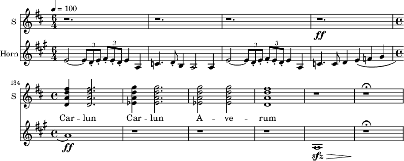 <<
\new Staff \with {
midiInstrument = "voice oohs"
instrumentName = #"S "
shortInstrumentName = #"S "
} {
\relative c' {
\time 6/4 \key d \major \tempo 4 = 100
\set Score.currentBarNumber = #130
r1.r r r \ff
\time 4/4
<d a' d fis> 4 <d a' d fis>2.
<ees a d g>4 <ees a d g>2.
<ees a d g>2 <ees a d g>2
<d a' d fis>1
r1
r1 \fermata
}}
\addlyrics {
Car -- lun Car -- lun A -- ve -- rum
}
\new Staff \with {
midiInstrument = "french horn"
instrumentName = #"Horn"
}
\relative c' {
\tempo 4=132
\time 6/4 \key a \major \clef G
\set Score.currentBarNumber = #130
\transposition f
e2~ \tuplet 3/2 {e8 d _. e _.} \tuplet 3/2 {fis8 -. e _. d _. } e4 a,4
c4. d8 _. b4 a2 a4
e'2~ \tuplet 3/2 {e8 d _. e _.} \tuplet 3/2 {fis8 -. e _. d _. } e4 a,4
c4. c8 d4 e \( f gis
\time 4/4
a1 \) \ff
r1 r r
a,1 \sfz \>
r1 \! \fermata
}
>>