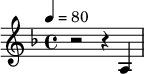 
\new Staff \with {
  midiInstrument = "french horn"
 }
 \relative c' {
   \tempo 4=80
  \time 4/4 \key f \major 
 \transposition f
  r2 r4 a4
 } 
