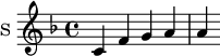 \new Staff \with {
midiInstrument = "voice oohs"
instrumentName = #"S "
shortInstrumentName = #"S "
} {
\relative c' {
\time 4/4 \key f \major
c f g a
a
}
}
