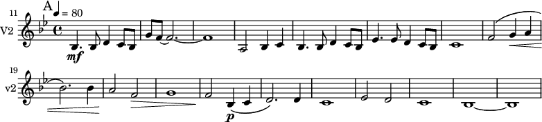 
\new Staff \with {
  midiInstrument = "violin"
  instrumentName = #"V2 "
  shortInstrumentName = #"v2"
  } {
  \relative c' {  
   \set Score.currentBarNumber = #11
   \time 4/4 \key bes \major \tempo 4=80

 \bar "||" \mark A
       bes4.  \mf bes8 d4 c8 bes
       g'8 f~ f2.~
       f1
       a,2 bes4 c
       bes4. bes8 d4 c8 bes
       ees4. ees8 d4 c8 bes
       c1
       f2 \( g4 \< a
       bes2. \) bes4
       a2 \! f \>
       g1 
       f2 \! bes,4 \p \( c
       d2. \) d4
       c1
       ees2 d2
       c1
       bes1~
       bes1
  }  }

