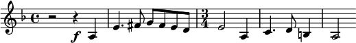 
\new Staff \with {
  midiInstrument = "french horn"
 }
 \relative c' {
   \time 4/4 \key f \major 
  r2 r4 \f a4
  e'4. fis8 g fis e d
  \time 3/4 e2 a,4
  c4. d8 b4
  a2 
  
 
 } 
