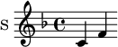 \new Staff \with {
midiInstrument = "voice oohs"
instrumentName = #"S "
shortInstrumentName = #"S "
} {
\relative c' {
\time 4/4 \key f \major
c f
}
}