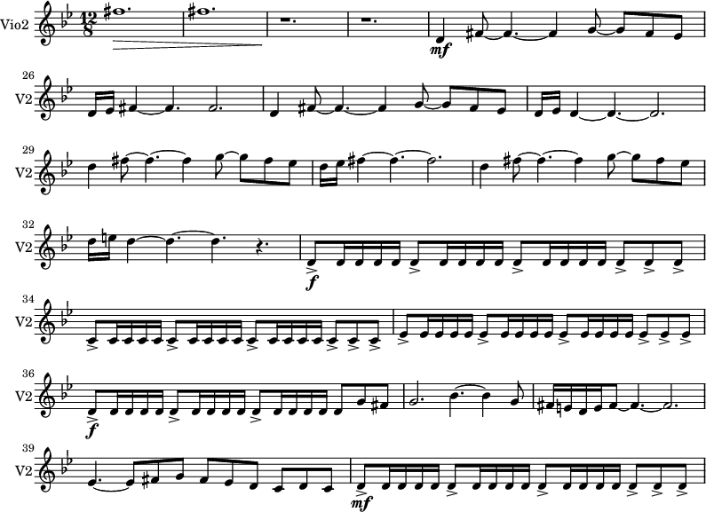 
\new Staff \with {
  midiInstrument = "violin"
  instrumentName = #"Vio2 "
  shortInstrumentName = #"V2"
  } {
  \relative c'' {  
   \time 12/8 \key bes \major 
    \set Score.currentBarNumber = #21
        fis1.  \>
        fis1. 
        r1. \!
        r1. 
        d,4 \mf fis8~ fis4.~ fis4 g8~ g fis ees


        d16 ees fis4~ fis4. fis2.
        d4 fis8~ fis4.~ fis4 g8~ g fis ees
        d16 ees d4~ d4.~ d2.
        d'4 fis8~ fis4.~ fis4 g8~ g fis ees

        d16 ees fis4~ fis4.~ fis2.
        d4     fis8~ fis4.~ fis4 g8~ g fis ees
        d16 e d4~ d4.~ d4.~ r4. 
       d,8_>  \f d16 d16 d16 d16  d8 _> d16 d16 d16 d16  d8 _> d16 d16 d16 d16   d8 _>  d8 _>  d8 _>

      c8_>  c16 c16 c16 c16  c8 _> c16 c16 c16 c16  c8 _> c16 c16 c16 c16   c8 _>  c8 _>  c8 _>
      ees8_>  ees16 ees16 ees16 ees16  ees8 _> ees16 ees16 ees16 ees16  ees8 _> ees16 ees16 ees16 ees16   ees8 _> ees8 _> ees8 _> 
       d8_>  \f d16 d16 d16 d16  d8 _> d16 d16 d16 d16  d8 _> d16 d16 d16 d16   d8 g fis

      g2.  bes4.~ bes4 g8

      fis16 e d e fis8~ fis4.~ fis2.
      ees4.~ ees8 fis g fis ees  d c d c
      d8_>  \mf d16 d16 d16 d16  d8 _> d16 d16 d16 d16  d8 _> d16 d16 d16 d16   d8 _>  d8 _>  d8 _>
  }  }

