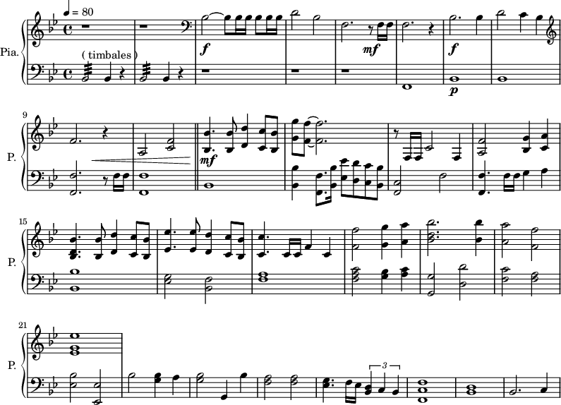 
\new PianoStaff \with { 
       instrumentName = #"Pia." 
       shortInstrumentName = #"P. "
       } 
 <<
      \new Staff \relative c'' { 
        \time 4/4 \key bes \major 
 \tempo 4 = 80
        r1 r 
        \clef bass
       bes,2~ \f bes8 bes16 bes16 bes8 bes16 bes16 
       d2 bes
       f2. r8 \mf f16 f
       f2. r4
        bes2. \f bes4
       d2 c4 bes
  \clef G
       f'2. r4
       a,2 <c f>2
  \bar "||"
       <bes bes'>4. <bes bes'>8 <d d'>4 <c c'>8 <bes bes'>8
       <g' g'>8 <f f'>8~ <f f'>2.
       r8 f,16 f c'2 f,4
       <a f'>2  <bes g'>4 <c a'>4
       <bes d bes'>4. <bes bes'>8 <d d'>4 <c c'>8 <bes bes'>8
       <ees ees'>4. <ees ees'>8 <d d'>4 <c c'>8 <bes bes'>

       <c c'>4. c16 c f4 c
       <f f'>2 <g g'>4 <a a'> 
       <bes d bes'>2. <bes bes'>4
       <a a'>2  <f f'>
       <ees g ees'>1
    
}

 \new Dynamics = "Dynamics_pf" 
       {
        s1 s s s s s s s
        s2 s4 \< s4
        s1
        s4 \! \mf s2.
        s1 s s s s
       }

      \new Staff \relative c { 
        \clef bass
       \time 4/4 \key bes \major
             bes2:32 ^\markup "( timbales ) " bes4 r4
           bes2:32 bes4 r4
            r1 r1 r1
            f1
            bes1 \p
            bes1
            <f f'>2. r8 f'16 f
            <f, f'>1
      \bar "||"
            bes1
            <bes bes'>4 <f f'>8. <bes bes'>16 <ees ees'>8 <d d'> <c c'> <bes bes'>
            <f c'>2 f'2
            <f, f'>4. f'16 f g4 a
            <bes, bes'>1
            <ees g>2 <bes f'>
            <f' a>1
            <f a c>2 <g bes>4 <a c>4
            <g, g'>2 <d' d'>2
            <f c'>2 <f a>
            <ees bes'>2 <ees, ees'>
            bes''2 <g bes>4 a
            <g bes>2 g,4 bes'
            <f a>2 <f a> 
            <ees g>4. f16 ees \tuplet 3/2 { <bes d>4 c bes}
            <f c' f>1
            <bes d>1
            bes2. c4
}
>>
