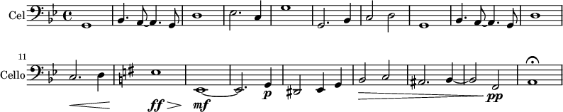 
\new Staff \with {
  midiInstrument = "cello"
  shortInstrumentName = #"Cello"
  instrumentName = #"Cel"
  } {
  \clef bass \relative c {  
   \time 4/4 \key bes \major 

        g1
        bes4. a8~a4. g8
        d'1
        ees2. c4
        g'1
        g,2. bes4
        c2 d2
        g,1
        bes4. a8~a4. g8
        d'1
        c2. \< d4
   \key g \major
        e1 \ff\! \>
        e,1~ \mf \!
        e2. g4 \p \!
        dis2 e4 g
        b2 \> c2
        ais2. b4~
        b2 fis2 \! \pp
        a1 \fermata
    
}}
