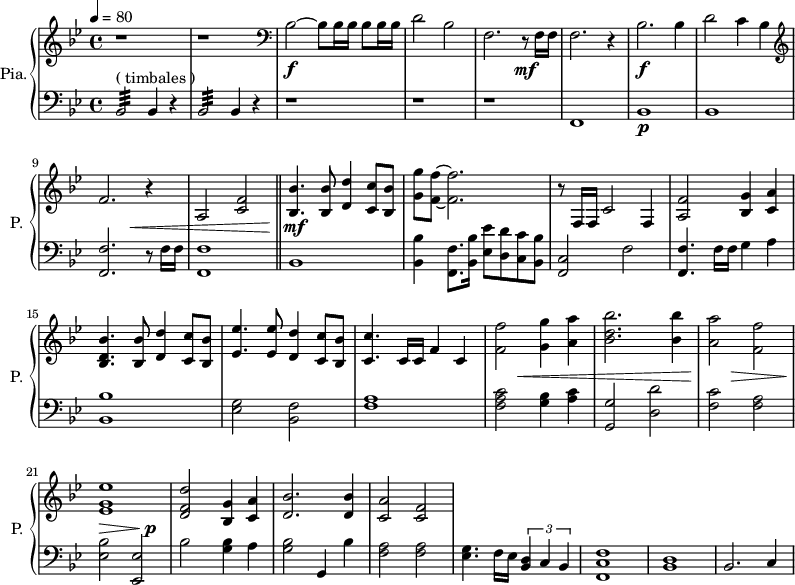 
\new PianoStaff \with { 
       instrumentName = #"Pia." 
       shortInstrumentName = #"P. "
       } 
 <<
      \new Staff \relative c'' { 
        \time 4/4 \key bes \major 
 \tempo 4 = 80
        r1 r 
        \clef bass
       bes,2~ \f bes8 bes16 bes16 bes8 bes16 bes16 
       d2 bes
       f2. r8 \mf f16 f
       f2. r4
        bes2. \f bes4
       d2 c4 bes
  \clef G
       f'2. r4
       a,2 <c f>2
  \bar "||"
       <bes bes'>4. <bes bes'>8 <d d'>4 <c c'>8 <bes bes'>8
       <g' g'>8 <f f'>8~ <f f'>2.
       r8 f,16 f c'2 f,4
       <a f'>2  <bes g'>4 <c a'>4
       <bes d bes'>4. <bes bes'>8 <d d'>4 <c c'>8 <bes bes'>8
       <ees ees'>4. <ees ees'>8 <d d'>4 <c c'>8 <bes bes'>

       <c c'>4. c16 c f4 c
       <f f'>2 <g g'>4 <a a'> 
       <bes d bes'>2. <bes bes'>4
       <a a'>2  <f f'>
       <ees g ees'>1
       <d f d'>2 <bes g'>4 <c a'>
       <d bes'>2. <d bes'>4 
       <c a'>2 <c f>
    
}

 \new Dynamics = "Dynamics_pf" 
       {
        s1 s s s s s s s
        s2 s4 \< s4
        s1
        s4 \! \mf s2.
        s1 s s s s
        s1 
        s4 s4 \< s2
        s1
        s4 \! s4 \>
        s2 s4 \> s4
        s4 s4 \p s2
       }

      \new Staff \relative c { 
        \clef bass
       \time 4/4 \key bes \major
             bes2:32 ^\markup "( timbales ) " bes4 r4
           bes2:32 bes4 r4
            r1 r1 r1
            f1
            bes1 \p
            bes1
            <f f'>2. r8 f'16 f
            <f, f'>1
      \bar "||"
            bes1
            <bes bes'>4 <f f'>8. <bes bes'>16 <ees ees'>8 <d d'> <c c'> <bes bes'>
            <f c'>2 f'2
            <f, f'>4. f'16 f g4 a
            <bes, bes'>1
            <ees g>2 <bes f'>
            <f' a>1
            <f a c>2 <g bes>4 <a c>4
            <g, g'>2 <d' d'>2
            <f c'>2 <f a>
            <ees bes'>2 <ees, ees'>
            bes''2 <g bes>4 a
            <g bes>2 g,4 bes'
            <f a>2 <f a> 
            <ees g>4. f16 ees \tuplet 3/2 { <bes d>4 c bes}
            <f c' f>1
            <bes d>1
            bes2. c4
}
>>
