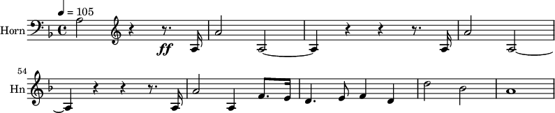
\new Staff \with {
  midiInstrument = "french horn"
  shortInstrumentName = #"Hn"
  instrumentName = #"Horn"
 }
 \relative c' {
   \tempo 4=105
  \time 4/4 \key f \major 
  \clef bass
 \transposition f
  \set Score.currentBarNumber = #50
  a2 \clef G r4 r8. \ff a16
  a'2  a,2~
  a4 r4 r4 r8. a16
  a'2  a,2~
  a4 r4 r4 r8. a16
  a'2 a,4 f'8. e16
  d4. e8 f4 d4
  d'2 bes2
  a1
 } 
