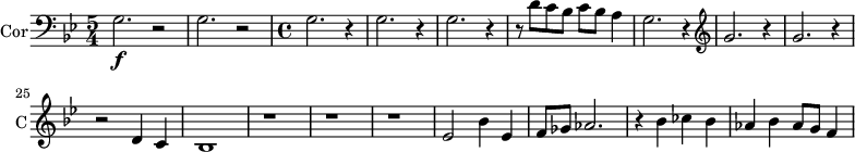 
\new Staff \with {
  midiInstrument = "french horn"
  instrumentName = #"Cor"
  shortInstrumentName = #"C"
 }
  \relative c' {
   \clef bass
   \time 5/4 \key bes \major 
 \transposition f
 \set Score.currentBarNumber = #16
    g2.\f r2
    g2.  r2
   \time 4/4
    g2.  r4
    g2.  r4
    g2.  r4
    r8 d'8 c bes c bes a4
    g2.  r4
    \clef G
    g'2. r4
    g2. r4
    r2  d4 c4
    bes1
    r1 r r
    ees2 bes'4 ees,4
    f8 ges aes2.
    r4 bes4 ces bes
    aes4 bes aes8 g8 f4
    
 } 
