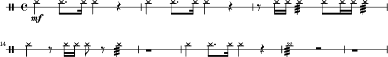 
\new DrumStaff
 \with{

  drumStyleTable = #"percussion-style"
      \override StaffSymbol.line-count = #1
 }
\drummode { 
    \time 4/4
\set Score.currentBarNumber = #11
 
   \time 4/4
    hh4 \mf hh8. hh16 hh4 r4
    hh4 hh8. hh16 hh4 r4
    r8 hh16 hh hh4:32 hh8 hh16 hh16 hh4:32
    hh4 r8 hh16 hh16 hh8 r8 hh 4:32
    r1
    hh4 hh8. hh16 hh4 r4  
    hh2:32 r2
    r1
}
