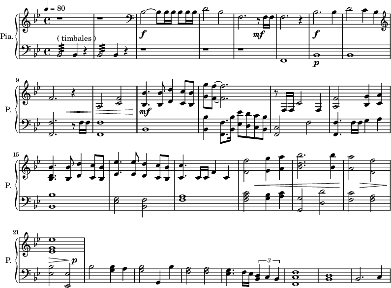 
\new PianoStaff \with { 
       instrumentName = #"Pia." 
       shortInstrumentName = #"P. "
       } 
 <<
      \new Staff \relative c'' { 
        \time 4/4 \key bes \major 
 \tempo 4 = 80
        r1 r 
        \clef bass
       bes,2~ \f bes8 bes16 bes16 bes8 bes16 bes16 
       d2 bes
       f2. r8 \mf f16 f
       f2. r4
        bes2. \f bes4
       d2 c4 bes
  \clef G
       f'2. r4
       a,2 <c f>2
  \bar "||"
       <bes bes'>4. <bes bes'>8 <d d'>4 <c c'>8 <bes bes'>8
       <g' g'>8 <f f'>8~ <f f'>2.
       r8 f,16 f c'2 f,4
       <a f'>2  <bes g'>4 <c a'>4
       <bes d bes'>4. <bes bes'>8 <d d'>4 <c c'>8 <bes bes'>8
       <ees ees'>4. <ees ees'>8 <d d'>4 <c c'>8 <bes bes'>

       <c c'>4. c16 c f4 c
       <f f'>2 <g g'>4 <a a'> 
       <bes d bes'>2. <bes bes'>4
       <a a'>2  <f f'>
       <ees g ees'>1
    
}

 \new Dynamics = "Dynamics_pf" 
       {
        s1 s s s s s s s
        s2 s4 \< s4
        s1
        s4 \! \mf s2.
        s1 s s s s
        s1 
        s4 s4 \< s2
        s1
        s4 \! s4 \>
        s2 s4 \> s4
        s4 s4 \p s2
       }

      \new Staff \relative c { 
        \clef bass
       \time 4/4 \key bes \major
             bes2:32 ^\markup "( timbales ) " bes4 r4
           bes2:32 bes4 r4
            r1 r1 r1
            f1
            bes1 \p
            bes1
            <f f'>2. r8 f'16 f
            <f, f'>1
      \bar "||"
            bes1
            <bes bes'>4 <f f'>8. <bes bes'>16 <ees ees'>8 <d d'> <c c'> <bes bes'>
            <f c'>2 f'2
            <f, f'>4. f'16 f g4 a
            <bes, bes'>1
            <ees g>2 <bes f'>
            <f' a>1
            <f a c>2 <g bes>4 <a c>4
            <g, g'>2 <d' d'>2
            <f c'>2 <f a>
            <ees bes'>2 <ees, ees'>
            bes''2 <g bes>4 a
            <g bes>2 g,4 bes'
            <f a>2 <f a> 
            <ees g>4. f16 ees \tuplet 3/2 { <bes d>4 c bes}
            <f c' f>1
            <bes d>1
            bes2. c4
}
>>
