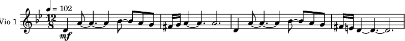 
\new Staff \with {
  midiInstrument = "violin"
  instrumentName = #"Vio 1 "
  shortInstrumentName = #"V1"
  } {
  \relative c'' {  
   \time 12/8 \key bes \major \tempo 4 = 102
    \set Score.currentBarNumber = #24 
        d,4 \mf a'8~ a4.~ a4 bes8~ bes a g
        fis16 g a4~ a4. a2.
        d,4 a'8~ a4.~ a4 bes8~ bes a g
        fis16 e d4~ d4.~ d2.   
  }  }

