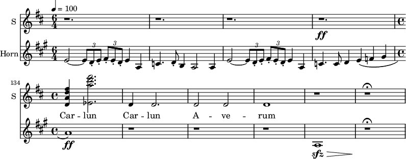 <<
\new Staff \with {
midiInstrument = "voice oohs"
instrumentName = #"S "
shortInstrumentName = #"S "
} {
\relative c' {
\time 6/4 \key d \major \tempo 4 = 100
\set Score.currentBarNumber = #130
r1.r r r \ff
\time 4/4
<d a' d fis> 4 <ees a' d fis>2.
d4 d2.
d2 d2
d1
r1
r1 \fermata
}}
\addlyrics {
Car -- lun Car -- lun A -- ve -- rum
}
\new Staff \with {
midiInstrument = "french horn"
instrumentName = #"Horn"
}
\relative c' {
\tempo 4=132
\time 6/4 \key a \major \clef G
\set Score.currentBarNumber = #130
\transposition f
e2~ \tuplet 3/2 {e8 d _. e _.} \tuplet 3/2 {fis8 -. e _. d _. } e4 a,4
c4. d8 _. b4 a2 a4
e'2~ \tuplet 3/2 {e8 d _. e _.} \tuplet 3/2 {fis8 -. e _. d _. } e4 a,4
c4. c8 d4 e \( f gis
\time 4/4
a1 \) \ff
r1 r r
a,1 \sfz \>
r1 \! \fermata
}
>>