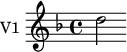 
\new Staff \with {
  midiInstrument = "violin"
  instrumentName = #"V1 "
  shortInstrumentName = #"v1 "
  } {
  \relative c'' {  
  \set Score.currentBarNumber = #37
   \time 4/4 \key f \major 
    d2
  }  }
