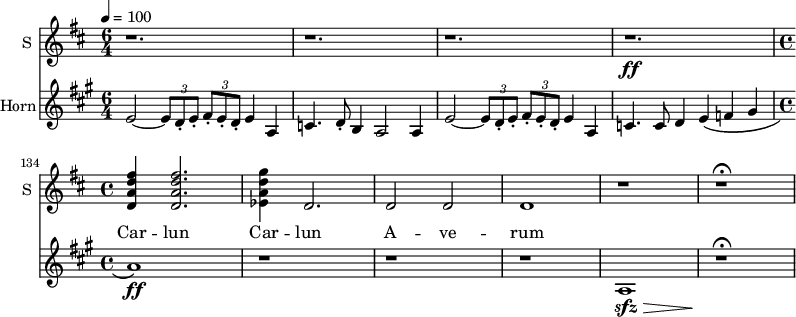 <<
\new Staff \with {
midiInstrument = "voice oohs"
instrumentName = #"S "
shortInstrumentName = #"S "
} {
\relative c' {
\time 6/4 \key d \major \tempo 4 = 100
\set Score.currentBarNumber = #130
r1.r r r \ff
\time 4/4
<d a' d fis> 4 <d a' d fis>2.
<ees a d g>4 d2.
d2 d2
d1
r1
r1 \fermata
}}
\addlyrics {
Car -- lun Car -- lun A -- ve -- rum
}
\new Staff \with {
midiInstrument = "french horn"
instrumentName = #"Horn"
}
\relative c' {
\tempo 4=132
\time 6/4 \key a \major \clef G
\set Score.currentBarNumber = #130
\transposition f
e2~ \tuplet 3/2 {e8 d _. e _.} \tuplet 3/2 {fis8 -. e _. d _. } e4 a,4
c4. d8 _. b4 a2 a4
e'2~ \tuplet 3/2 {e8 d _. e _.} \tuplet 3/2 {fis8 -. e _. d _. } e4 a,4
c4. c8 d4 e \( f gis
\time 4/4
a1 \) \ff
r1 r r
a,1 \sfz \>
r1 \! \fermata
}
>>