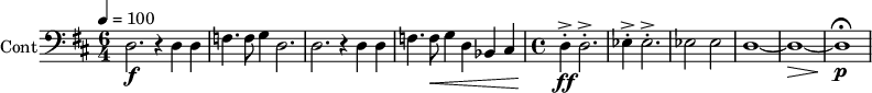 
\new Staff \with {
  midiInstrument = "contrabass"
  shortInstrumentName = #"Co"
  instrumentName = #"Cont"
  } {
  \clef bass \relative c {  
 \set Score.currentBarNumber = #130
   \time 6/4 \key d \major \tempo 4 = 100
   d2. \f r4 d d
   f4. f8 g4 d2.
   d2. r4 d d
   f4. f8 \< g4 d bes cis
  \time 4/4
   d4 ^.^> \ff \! d2. ^.^>
   ees4  ^.^> ees2.  ^.^>
   ees2 ees2
   d1~
   d1~ \>
   d1 \! \p \fermata
}}
