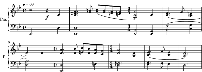 
\new PianoStaff \with { 
       instrumentName = #"Pia." 
       shortInstrumentName = #"P. "
       } 
 <<
      \new Staff \relative c' { 
        \time 4/4 \key bes \major 
 \tempo 4 = 68 
        r2 r4 \f d4
       <d fis a>4. <g b>8 <a c>\( <g b> <f a> <e g>
       \time 3/4  <a, d a'>2\) d4
       <d f>4.\( g8 <c, e>4
       d2\) d4
       \time 4/4 <d a'>4. <d bes'>8 <e c'>8 <d bes'> <d a'> <c g'>
       \time 3/4 <d a'>2  <a d>4
       <bes ees>4.\( f'8 <bes, ees>4
       <a d>2.\)
      
       }
      \new Staff \relative c { 
      \set Staff.midiMaximumVolume = #0.5
        \clef bass
       \time 4/4 \key bes \major 
        d,2. d'4
        <d, d'>1
        \time 3/4 <d a'>2 <g d>4
        <bes f'>2\(  <c g'>4
        <d a'>2.\)
        \time 4/4 <d, d'>2. e'4
        \time 3/4 <d fis>2.
        <ees g>4. f8 ees4
        d2.
     
       }
>>
