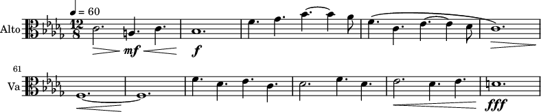 
\new Staff \with {
  midiInstrument = "viola"
  shortInstrumentName = #"Va"
  instrumentName = #"Alto"
  } {
 \clef alto \relative c' {  
   \time 12/8 \key des \major \tempo 4 = 60 
\set Score.currentBarNumber = #56
   c2. \> a4. \mf \! \< c4. 
   bes1. \f \!
   f'4. ges4. bes4.~ bes4 aes8
   f4. \( c4. ees4.~ees4 des8
    c1. \> \)
   f,1.~ \! \<
   f1. \!
   f'4. des4. ees4. c4.
    des2. f4. des4.
    ees2. \< des4. ees4.
    d1. \fff \!
}}
