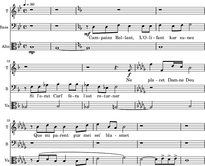 
<<

\new Staff \with {
  midiInstrument = "voice oohs" 
  shortInstrumentName = #"T "
  instrumentName = #"T "
  } {
  \relative c {  
   \clef "treble_8"
   \time 4/4  \key bes \major 
   r1 r1
    \key f \major 
  R1 r r
        r2 r4. f8 \f
   \key des \major
        f'4 f,8 des'16 c bes2
        r8 bes8 des bes bes4 bes 8 des
        ees4 bes8 aes bes2
        r1 r1
  }  }
 \addlyrics { 
             Ne pla -- cet Dam -- ne Deu 		
	     Que mi pa -- rent pur mei sei' bla - smet 
            }

\new Staff \with {
  midiInstrument = "voice oohs" 
  shortInstrumentName = #"B "
  instrumentName = #"Bass "
  } {
  \clef bass \relative c {  
   \time 4/4  \key bes \major 
  \set Score.currentBarNumber = #35
  \key bes \major 
   r1 r1
\key f \major 
        r8\mf d8 d8 f8 e4 e8 e8
        f4 e8 f g2
        r8 f f aes8 bes4 bes8 bes8
        aes4 f8 ees f2
  \key des \major
       r1 r r r r 
  }  }
 \addlyrics { 
              Cam -- painz Rol -- lant, L'O -- li -- fant kar su -- nez
              Si l'o -- rat Carl' fe -- ra  l'ost re -- tur -- ner
            }


\new Staff \with {
  midiInstrument = "viola"
  shortInstrumentName = #"Va"
  instrumentName = #"Alto"
  } {
 \clef alto \relative c' {  
   \time 4/4 \key bes \major \tempo 4 = 80 
 \set Score.currentBarNumber = #28
   bes1 \mp 
   a1~
 \key f \major
   a1
   bes1
   aes2 bes2
   aes2 a~
   \key des \major
    a2 bes2
   r8 bes \( des bes bes4 bes8 des
   ees2 f2 \)
   des2~  des8 ees^> des^> ees^>
   c1
}}
>>
