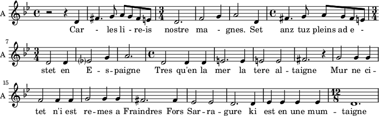 
\new Staff \with {
  midiInstrument = "choir aahs"
  instrumentName = #"A "
  shortInstrumentName = #"A "
  } {
  \relative c' {  
   \time 4/4 \key bes \major 
        r2 r4 d4
        fis4. g8 a g fis e
    \time 3/4 
         d2.
         f2 g4
         a2  d,4
   \time 4/4
       fis4. g8 a g fis e
    \time 3/4 
       d2 d4
       ees?2 g4
       a2.
    \time 4/4 
      d,2 d4 d4
       e2. e4
       e2 e
       fis2. r4
       g2 g4 g
       f2 f4 f
       g2 g4 g
       fis2. fis4
       ees2 ees2
       d2. d4
       ees4 ees ees ees
   \time 12/8
       d1.           
  }  }
 \addlyrics { 
                 Car - les
              li - re -- is  nostre ma - gnes.
              Set anz tuz pleins ad e - stet en E -- s -- paigne
             Tres qu'en la mer la tere al -- taigne 
             Mur ne ci -- tet n'i est re -- mes a
              Fraindres Fors Sar -- ra -- gure  ki est en une mum -- taigne
            }
