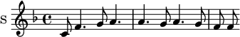 \new Staff \with {
midiInstrument = "voice oohs"
instrumentName = #"S "
shortInstrumentName = #"S "
} {
\relative c' {
\time 4/4 \key f \major
c8 f4. g8 a4.
a4. g8 a4. g8
f f
}
}