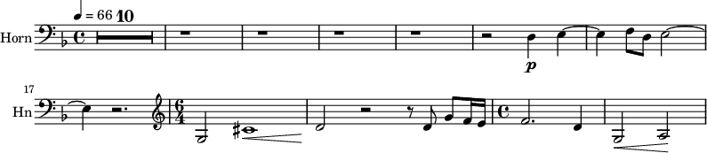 
\new Staff \with {
  midiInstrument = "french horn"
  instrumentName = "Horn"
  shortInstrumentName = #"Hn"
 }
 \relative c {
   \tempo 4=66
\clef bass
  \time 4/4 \key f \major 
 \transposition f
 \compressFullBarRests
 \override MultiMeasureRest.expand-limit = #1
 R1*10
   r1 r r r
  r2 d4 \p e~
  e4 f8 [d] e2~
  e4  r2.
  
 \time 6/4 \clef G
  g2 cis1 \<
  d2 \! r2 r8 d8 g8 f16 e

 \time 4/4 
   f2. d4
   g,2 \< a2 \!
  
 } 
