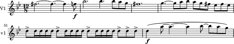 
\new Staff \with {
  midiInstrument = "violin"
  instrumentName = #"V1 "
  shortInstrumentName = #"v1 "
  } {
  \relative c'' {  
   \time 12/8 \key bes \major 
\set Score.currentBarNumber = #47
     fis2.~ fis4.~ fis4 f8 \f
     bes2. bes4. bes8 a g
     fis1.
     g4.~ g8 a bes a g fis ees fis ees
     d8^> d16 d16 d16 d16  d8^> d16 d16 d16 d16  d8^> d16 d16 d16 d16  d8^>  d8^>  d8^>
     d4 \f \( a'8~ a4.~ a4 bes8~bes a g \)
  }  }
