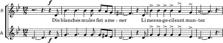 
<<
\new ChoirStaff <<
\new Staff \with {
  midiInstrument = #"Flute"
  instrumentName = #"S "
  shortInstrumentName = #"S "
  } {
  \relative c' {  
   \time 12/8 \key bes \major 
   \set Score.currentBarNumber = #47
     r2. r4. r4 ^\f d8 
      bes'4. bes4. bes4 bes8 bes8 a g
      fis2.~ fis4. r4 d8
      bes'4^> bes4^> bes4^> bes4^> a4^> g4^>
      a2.~ a4. r4.
  }  }
 \addlyrics { 
      Dis blan -- ches mu -- les fist a -- me -- ner
      Li mes  -- sa  --   ge -- cil -- sunt    mun  -- tez
            }
\new Staff \with {
  midiInstrument = #"Flute"
  instrumentName = #"A "
  shortInstrumentName = #"A "
  } {
  \relative c' {  
   \time 12/8 \key bes \major 
   \set Score.currentBarNumber = #47
      d2.~ d4. r4 \f d8 
      g4. g4. g4 g8 g8 fis ees
      d2.~ d4. r4 d8
      g4^> g4^> g4^> g4^> g4^> ees4^>
      d2.~ d4. r4.
  }  }
>>

>>
