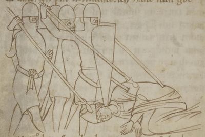 Extrait du manuscrit de ConradLes païens jettent leurs lances sur l'archevêque Turpin