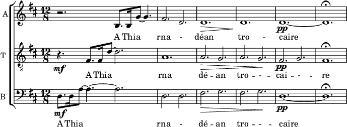
<<
\new ChoirStaff <<

\new Staff \with {
  instrumentName = #"A"  
  shortInstrumentName = #"A"
  midiInstrument = "violin"
 } 
  {                                    % alto 
  \relative c' { 
   \set Staff.midiMaximumVolume = #0.9
   \time 12/8 \key d \major 
   \set Score.currentBarNumber = #31
    r2. b8. b16 g'8~ g4.
    fis2.  d
    d1.\>
    d1.\!
    d1.~\pp
    d1.\fermata
  }
}
\addlyrics {                 
A  Thi -- a rna -  déan tro -- caire  
            }


\new Staff \with {
  midiInstrument = "trumpet"
  shortInstrumentName = #"T "
  instrumentName = #"T "
 } 
  {                                    % ténor B
  \relative c { 
   \set Staff.midiMaximumVolume = #0.4
   \clef "treble_8"
   \time 12/8 \key d \major 
   \set Score.currentBarNumber = #31
       r4.\mf fis8. fis16 d'8~ d2.
    a1. 
     a2.\> g 
     a g\!  
     fis\pp g
      fis1.\fermata 
  }
}
\addlyrics {                 
A  Thi -- a rna   dé -- an tro -- - -- cai -- - -- re  
            }


\new Staff \with {

  midiInstrument = "violin"
  shortInstrumentName = #"B "
  instrumentName = #"B "
} {
  \relative c { 
   \set Staff.midiMaximumVolume = #0.4
    \clef bass \time 12/8 \key d \major 
     d8.\mf  d16 a'8~ a4.~ a2.
     d,2. d
     fis\> g
      fis g\!
      d1.~\pp d\fermata
}}
\addlyrics {  

A  Thi -- a rna  - dé -- an tro -- - -- caire 
}

>>
>>

