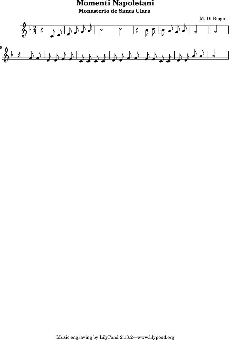 \header {
title = "Momenti Napoletani"
subtitle = "Monasterio de Santa Clara "
composer = " M. Di Biago ; "
musicUn = { a b }
}
<<
\new Staff {
\relative c'' {
\key d \minor
\time 2/4
\autoBeamOff
r4 c,8 d e f g a bes2 c2
r4 bes8 c bes a g a g2 g2
r4 f8 f d d e e c c |
c c d d f f | e e
c c d d a' a a2
}
}
>>