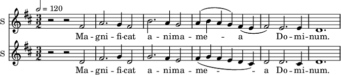 
<<
\new Staff \with {
  midiInstrument = #"Flute"
  instrumentName = #"S "
  shortInstrumentName = #"S "
  } {
  \relative c' {  
   \tempo 2 = 120
   \time 3/2 \key d \major 
        r2 r fis
        a2. g4 fis2
        b2. a4 g2
        a4 ( b a g ) fis (e
        fis2 ) e2. e4 
        d1.
  }  }
 \addlyrics { 
              Ma -- gni -- fi -- cat
              a -- ni -- ma -- me -- a
              Do -- mi -- num.
            }

\new Staff \with {
  midiInstrument = #"Flute"
  instrumentName = #"S "
  shortInstrumentName = #"S "
  } {
  \relative c' {  
   \tempo 2 = 120
   \time 3/2 \key d \major 
        r2 r2 d2
        fis2. g4 d2
        g2. fis4 e2
        fis4 ( g fis e d cis)
        d2 d2. cis4
        d1.
  }  }
 \addlyrics { 
              Ma -- gni -- fi -- cat
              a -- ni -- ma -- me -- a 
              Do -- mi -- num.
            }
>>
