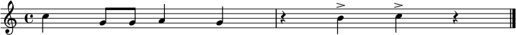 
<<
\new Staff
\relative c'' { \time 4/4 \key c \major 
c4 g8 g a4 g r b^> c^> r \bar "|." } 


>>
\layout {
    \context {
      \Score
      proportionalNotationDuration = #(ly:make-moment 1/20)
    }
  }

