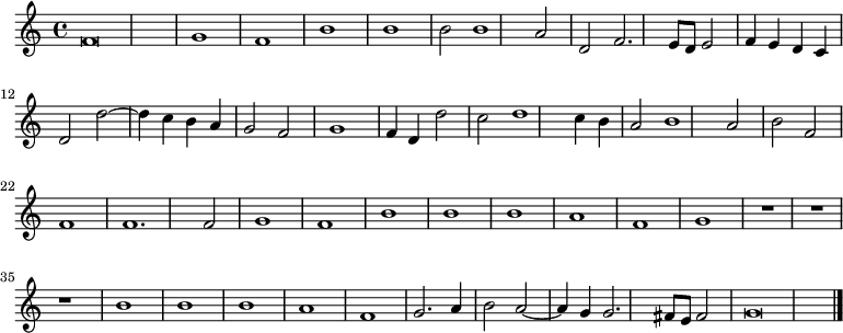 
\relative c''
	{
	f,\breve
	g1 f
	b1 b
	b2 b1 a2
%5
	d,2 f2. e8 d e2 |
	f4 e d c d2 d'~
	d4 c b a g2 f
	g1 f4 d d'2
	c2 d1 c4 b
%10
	a2 b1 a2 |
	b2 f f1
	f1. f2
	g1 f
	b1 b
%15
	b1 a |
	f1 g
	R\breve
	r1 b
	b1 b
%20
	a1 f |
	g2. a4 b2 a~
	a4 g g2. fis8 e fis2
	g\breve \bar "|." |
	}

