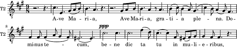 \new Staff \with {
midiInstrument = "trumpet"
shortInstrumentName = #"T2 "
instrumentName = #"T2 "
} {
\relative c' {
\clef "treble_8"
\time 9/8 \key a \major
r2. r4.
cis4. e,4. gis8 (a b)
b4. a4. r4.
r2. gis8 a b
b4. a4 r8 a4.
b4 (cis8) b4 (a8) gis4.
( cis4 b8) a4 (gis8) fis4.
fis4 fis8 fis4 (a8 gis4 fis8)
eis2. ( eis4. )
cis'2. ^\ppp cis4.
cis2. fis4 (d8)
cis4. (cis4) fis,8 eis (fis) gis
gis4 fis8 fis4. r4.
} }
\addlyrics {
A -- ve Ma -- ri -- a,
A -- ve Ma -- ri -- a, gra -- ti -- a ple -- na.
Do -- mi -- nus te -- cum,
be -- ne dic ta tu in mu -- li -- e -- ri -- bus,
et be -- ne -- dic -- tus fruc -- tus ven -- tris tu -- i Je -- sus.
Sanc -- ta Ma -- ri -- a
o -- ra pro no -- bis
nunc et in ho -- ra mor -- tis nos -- trae. A -- men, a -- men, a -- men
}
