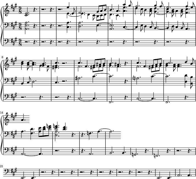 
<<
  \new PianoStaff <<
     \new Staff ="up" \with {
  midiInstrument = "church organ"
  }  \relative c' {
       \key a \major  \time 9/8
       <cis e>2. r4.
          r2. r4.
          r2. << { e'4 e,8 fis2. gis8 a b b4. a4. a'4 gis8}  
              \\ { e,4.~ e4. d4 cis8 b cis d d4. cis4. <a' e'>4.} >>
          << { fis'2. gis4 fis8
               e2. fis4 e8
             }
          \\
             { d4 cis8 b4 <a cis>8 <gis d'>4.~
               <gis cis>4~ <gis b>8 a4 <gis b>8 <fis cis'>4.
             } >>
           <b d>4 <a cis>8~ <a cis>4. 
        << { <gis b> 4. cis4.} \\ { gis4 fis8 <eis gis>4. } >> r2.
        << { cis'4. fis,4. gis8 ais b      b4. ais4. } \\ { fis2. eis8 fis gis      gis4.   fis4.  } >> r4.
        << { cis'4. fis,4. gis8 a b      cis2. d4 b8 } \\ { fis2. eis8 fis gis      <gis b>4  <fis a>8 <fis a>4.  } >>
        a4.
     }

     \new Staff = "down" \with {
  midiInstrument = "church organ"
  } \relative c {
        \clef bass
       \key a \major  \time 9/8 
          <a e' a>2. r4.
          r2. r4.
          r2. <cis a'>4.
          <d a'>2. e4.~ 
          <a, e'>2. cis4.~
          cis4 e8 d4 cis8 b4.~ 
          b4 d8 cis4 b8 a4.
          b4 cis8 d2.
          cis4. r2.
          ais'2. cis4.~ 
          cis2.  r4.
          a?2. cis4.~
          cis2. <d, d'>4 <b b'>8 
          a'4. < fis d'>4. <a e'>8  <d fis> <e g>  
         << { <e g>4. <d fis>4. } \\ { <d, a'>2.} >> r4.
         r4. f4.  a4.~
         a2.
     }
     \new Staff \with {
  midiInstrument = "church organ"
  } \relative c {
        \clef bass
       \key a \major  \time 9/8 
      r2. r4.
      r2. r4.
     r2. r4.
      r2. r4.
      r2. r4.
      r2. r4.
     r2. r4.
      r2. r4.
      r2. r4.
      cis2.~ cis4. 
     fis,2. r4.
     cis'2.~ cis4. 
     fis,2. r4.
     a2.~ a4.
      r2. r4.
     r4. a2.
     b2. b4.
     g2. r4.
     f2. r4.
     r2. r4.
      e2. e4.
     r2. r4.
      r2. r4.
      r2. r4.
     r2. r4.
      r2. r4.
      r2. r4.
      e2. e4.  
      a2. a4.  
 }
 >>
>>
