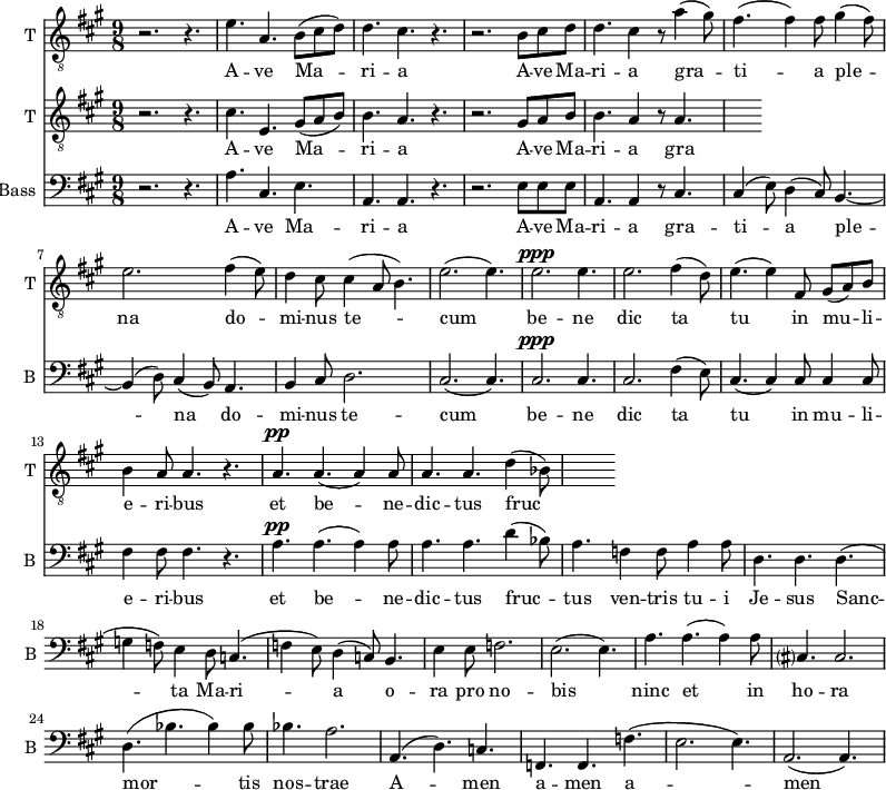 
<<

\new Staff \with {
  midiInstrument = "trumpet"
  shortInstrumentName = #"T "
  instrumentName = #"T "
  } {
  \relative c' {  
   \clef "treble_8"
   \time 9/8 \key a \major 
        r2. r4.
        e4. a,4. b8 (cis d)
        d4. cis4. r4.
        r2. b8 cis d
        d4. cis4 r8 a'4 (gis8)
        fis4. (fis4) fis8 gis4 (fis8)
        e2.   fis4 (e8)
        d4 cis8 cis4 ( a8 b4.)
        e2. (e4.)
        e2. ^\ppp e4.
        e2.  fis4 (d8)
        e4. (e4) fis,8 gis8 (a8) b8
        b4 a8 a4. r4.
        a4. ^\pp a4. (a4) a8
        a4. a4. d4 (bes8)
  }  }
 \addlyrics { 
             A -- ve Ma -- ri -- a 
             A -- ve Ma -- ri -- a 
            gra -- ti -- a ple -- na
              do -- mi -- nus te -- cum
               be -- ne dic ta tu in mu -- li -- e -- ri -- bus
              et be -- ne -- dic -- tus fruc -- tus ven -- tris tu -- i Je -- sus
              Sanc -- ta Ma -- ri -- a
              o -- ra pro no -- bis
              ninc et in ho -- ra mor -- tis nos -- trae  A -- men a -- men a -- men
            }

\new Staff \with {
  midiInstrument = "trumpet"
  shortInstrumentName = #"T "
  instrumentName = #"T "
  } {
  \relative c' {  
   \clef "treble_8"
   \time 9/8 \key a \major 
        r2. r4.
        cis4. e,4. gis8 (a b)
        b4. a4. r4.
        r2. gis8 a b
        b4. a4 r8 a4.
  }  }
 \addlyrics { 
             A -- ve Ma -- ri -- a 
             A -- ve Ma -- ri -- a 
            gra -- ti -- a ple -- na
              do -- mi -- nus te -- cum
               be -- ne dic ta tu in mu -- li -- e -- ri -- bus
              et be -- ne -- dic -- tus fruc -- tus ven -- tris tu -- i Je -- sus
              Sanc -- ta Ma -- ri -- a
              o -- ra pro no -- bis
              ninc et in ho -- ra mor -- tis nos -- trae  A -- men a -- men a -- men
            }

\new Staff \with {
  midiInstrument = "voice oohs"
  shortInstrumentName = #"B "
  instrumentName = #"Bass "
  } {
  \clef bass \relative c' {  
   \time 9/8 \key a \major 
        r2. r4.
        a4. cis,4. e4. 
        a,4. a4. r4. 
        r2. e'8 e e
        a,4. a4 r8 cis4.
        cis4 (e8) d4 (cis8) b4.~
        b4 (d8) cis4 (b8) a4.
        b4 cis8 d2.
        cis2. (cis4.)
        cis2. ^\ppp  cis4.
        cis2. fis4 (e8)
        cis4. (cis4) cis8 cis4 cis8 
        fis4  fis8 fis 4. r4.
        a4. ^\pp a4. (a4) a8
        a4. a4. d4 (bes8)
        a4. f4 f8 a4 a8
        d,4. d4. d4.
        (g4 f8)  e4 d8 c4.
        (f4 e8) d4  (c8) b4.
        e4 e8 f2.
        e2. (e4.)
       a4. a4. (a4) a8
       cis,?4. cis2.
       d4. ( bes'4. bes4) bes8
       bes4. a2.
      a,4. ( d4.) c4.
      f,4. f4. f'4. 
      (e2. e4.)
      a,2. (a4.)
  }  }
 \addlyrics { 
              A -- ve Ma -- ri -- a 
              A -- ve Ma -- ri -- a 
              gra -- ti -- a ple -- na
              do -- mi -- nus te -- cum
               be -- ne dic ta tu in mu -- li -- e -- ri -- bus
              et be -- ne -- dic -- tus fruc -- tus ven -- tris tu -- i Je -- sus
              Sanc -- ta Ma -- ri -- a
              o -- ra pro no -- bis
              ninc et in ho -- ra mor -- tis nos -- trae  A -- men a -- men a -- men
            }
>>
