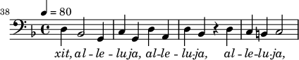
<<
\new Staff \with {
  midiInstrument = "piano"} {
 \tempo 4 = 80 \clef "bass"  \key f \major 
 \set Score.currentBarNumber = #38
 \relative c
       {
       \bar ""
       d4 bes2 g4
	c4 g d' a |
	d4 bes r d
	c4 b c2
       }
}
\addlyrics { 
\lyricmode { 
  \override LyricText.font-shape = #'italic
        xit,
	al -- le -- lu -- ja,
	al -- le -- lu -- ja,
        al -- le -- lu -- ja,
}}
>>

