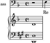 <<
\new Staff \with {
midiInstrument = "cello"
shortInstrumentName = #"B "
instrumentName = #"Bass "
} {
\clef bass \relative c {
\time 4/4 \key f \major
r1
f4
} }
\addlyrics {
Re -- qui - em ae -- ter - nam
}
\new PianoStaff <<
\new Staff \with {
midiInstrument = "church organ"
} \relative c' {
\key f \major \time 4/4
d1
}
\new Staff \with {
midiInstrument = "church organ"
} \relative c {
\clef bass
\key a \major \time 4/4
<d, d'>1
}
>>
>>