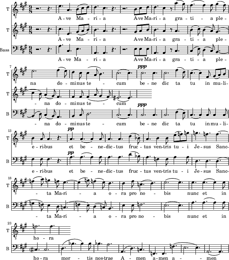 
<<

\new Staff \with {
  midiInstrument = "trumpet"
  shortInstrumentName = #"T "
  instrumentName = #"T "
  } {
  \relative c' {  
   \clef "treble_8"
   \time 9/8 \key a \major 
  r2. r4.
        e4. a,4. b8 (cis d)
        d4. cis4. r4.
        r2. b8 cis d
        d4. cis4 r8 a'4 (gis8)
        fis4. (fis4) fis8 gis4 (fis8)
        e2.   fis4 (e8)
        d4 cis8 cis4 ( a8 b4.)
        cis2. (cis4.)
        cis2. ^\ppp cis4.
        cis2.  fis4 (d8)
        cis4. (cis4) fis,8 gis8 (a8) b8
        b4 a8 a4. r4.
        a4. ^\pp a4. (a4) a8
        a4. a4. d4 (bes8)

         a4. b4 b8 e8 (f) g
        g4. f4. f4.~ 
        f4 (a8) g4 f8 e4.~e4 (g8) f4 (e8) d4.
        d4 fis8 c4. (d4.) 
        e2. (e4.)
        e4. e4. (e4) e8
        f2. f4.
  }  }
 \addlyrics { 
             A -- ve Ma -- ri -- a 
             A -- ve Ma -- ri -- a 
            gra -- ti -- a ple -- na
              do -- mi -- nus te -- cum
               be -- ne dic ta tu in mu -- li -- e -- ri -- bus
              et be -- ne -- dic -- tus fruc -- tus ven -- tris tu -- i Je -- sus
              Sanc -- ta Ma -- ri -- a
              o -- ra pro no -- bis
              nunc et in ho -- ra mor -- tis nos -- trae  A -- men a -- men a -- men
            }

\new Staff \with {
  midiInstrument = "trumpet"
  shortInstrumentName = #"T "
  instrumentName = #"T "
  } {
  \relative c' {  
   \clef "treble_8"
   \time 9/8 \key a \major 
      r2. r4.
        cis4. e,4. gis8 (a b)
        b4. a4. r4.
        r2. gis8 a b
        b4. a4 r8 a4.
        b4 (cis8) b4 (a8) gis4.
        ( cis4 b8) a4 (gis8) fis4.
        fis4 fis8 fis4 (a8 gis4 fis8)
        eis2. ( eis4. )
  }  }
 \addlyrics { 
             A -- ve Ma -- ri -- a 
             A -- ve Ma -- ri -- a 
            gra -- ti -- a ple -- na
              do -- mi -- nus te -- cum
               be -- ne dic ta tu in mu -- li -- e -- ri -- bus
              et be -- ne -- dic -- tus fruc -- tus ven -- tris tu -- i Je -- sus
              Sanc -- ta Ma -- ri -- a
              o -- ra pro no -- bis
              nunc et in ho -- ra mor -- tis nos -- trae  A -- men a -- men a -- men
            }

\new Staff \with {
  midiInstrument = "voice oohs"
  shortInstrumentName = #"B "
  instrumentName = #"Bass "
  } {
  \clef bass \relative c' {  
   \time 9/8 \key a \major 
        r2. r4.
        a4. cis,4. e4. 
        a,4. a4. r4. 
        r2. e'8 e e
        a,4. a4 r8 cis4.
        cis4 (e8) d4 (cis8) b4.~
        b4 (d8) cis4 (b8) a4.
        b4 cis8 d2.
        cis2. (cis4.)
        cis2. ^\ppp  cis4.
        cis2. fis4 (e8)
        cis4. (cis4) cis8 cis4 cis8 
        fis4  fis8 fis 4. r4.
        a4. ^\pp a4. (a4) a8
        a4. a4. d4 (bes8)
        a4. f4 f8 a4 a8
        d,4. d4. d4.
        (g4 f8)  e4 d8 c4.
        (f4 e8) d4  (c8) b4.
        e4 e8 f2.
        e2. (e4.)
       a4. a4. (a4) a8
       cis,?4. cis2.
       d4. ( bes'4. bes4) bes8
       bes4. a2.
      a,4. ( d4.) c4.
      f,4. f4. f'4. 
      (e2. e4.)
      a,2. (a4.)
  }  }
 \addlyrics { 
              A -- ve Ma -- ri -- a 
              A -- ve Ma -- ri -- a 
              gra -- ti -- a ple -- na
              do -- mi -- nus te -- cum
               be -- ne dic ta tu in mu -- li -- e -- ri -- bus
              et be -- ne -- dic -- tus fruc -- tus ven -- tris tu -- i Je -- sus
              Sanc -- ta Ma -- ri -- a
              o -- ra pro no -- bis
              nunc et in ho -- ra mor -- tis nos -- trae  A -- men a -- men a -- men
            }
>>
