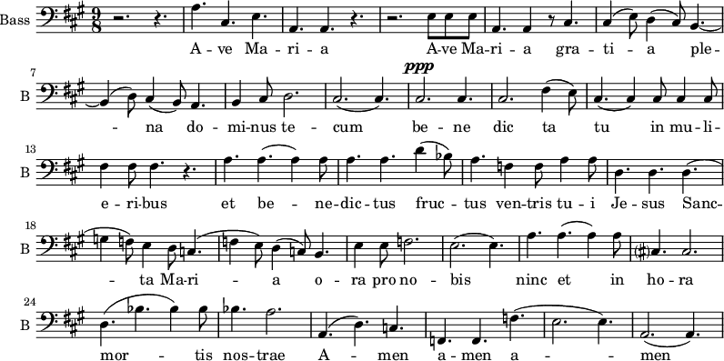 
\new Staff \with {
  midiInstrument = "voice oohs"
  shortInstrumentName = #"B "
  instrumentName = #"Bass "
  } {
  \clef bass \relative c' {  
   \time 9/8 \key a \major 
        r2. r4.
        a4. cis,4. e4. 
        a,4. a4. r4. 
        r2. e'8 e e
        a,4. a4 r8 cis4.
        cis4 (e8) d4 (cis8) b4.~
        b4 (d8) cis4 (b8) a4.
        b4 cis8 d2.
        cis2. (cis4.)
        cis2. ^\ppp  cis4.
        cis2. fis4 (e8)
        cis4. (cis4) cis8 cis4 cis8 
        fis4 fis8 fis 4. r4.
        a4. a4. (a4) a8
        a4. a4. d4 (bes8)
        a4. f4 f8 a4 a8
        d,4. d4. d4.
        (g4 f8)  e4 d8 c4.
        (f4 e8) d4  (c8) b4.
        e4 e8 f2.
        e2. (e4.)
       a4. a4. (a4) a8
       cis,?4. cis2.
       d4. ( bes'4. bes4) bes8
       bes4. a2.
      a,4. ( d4.) c4.
      f,4. f4. f'4. 
      (e2. e4.)
      a,2. (a4.)
  }  }
 \addlyrics { 
              A -- ve Ma -- ri -- a 
              A -- ve Ma -- ri -- a 
              gra -- ti -- a ple -- na
              do -- mi -- nus te -- cum
               be -- ne dic ta tu in mu -- li -- e -- ri -- bus
              et be -- ne -- dic -- tus fruc -- tus ven -- tris tu -- i Je -- sus
              Sanc -- ta Ma -- ri -- a
              o -- ra pro no -- bis
              ninc et in ho -- ra mor -- tis nos -- trae  A -- men a -- men a -- men
            }
