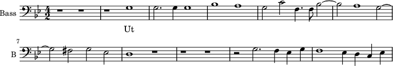 
\new Staff \with {
  midiInstrument = "voice oohs"
  shortInstrumentName = #"B "
  instrumentName = #"Bass "
  } {
  \clef bass \relative c' {  
   \time 4/2 \key g \minor 
        r1 r1
        r1 g
        g2. g4 g1
        bes1 a 
        g2 c f,4. f8  bes2~
        bes2 a1 g2~
        g2 fis2 g2 ees
        d1 r1
        r1 r1
        r2 g2. f4 ees g
        f1 ees4 d c ees
  }  }
 \addlyrics { 
              Ut
            }
