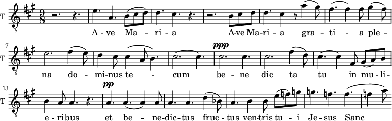 
\new Staff \with {
  midiInstrument = "trumpet"
  shortInstrumentName = #"T "
  instrumentName = #"T "
  } {
  \relative c' {  
   \clef "treble_8"
   \time 9/8 \key a \major 
        r2. r4.
        e4. a,4. b8 (cis d)
        d4. cis4. r4.
        r2. b8 cis d
        d4. cis4 r8 a'4 (gis8)
        fis4. (fis4) fis8 gis4 (fis8)
        e2.   fis4 (e8)
        d4 cis8 cis4 ( a8 b4.)
        cis2. (cis4.)
        cis2. ^\ppp cis4.
        cis2.  fis4 (d8)
        cis4. (cis4) fis,8 gis8 (a8) b8
        b4 a8 a4. r4.
        a4. ^\pp a4. (a4) a8
        a4. a4. d4 (bes8)

        a4. b4 b8 e8 (f) g
        g4. f4. f4. 
        (f4 a8)
  }  }
 \addlyrics { 
             A -- ve Ma -- ri -- a 
             A -- ve Ma -- ri -- a 
            gra -- ti -- a ple -- na
              do -- mi -- nus te -- cum
               be -- ne dic ta tu in mu -- li -- e -- ri -- bus
              et be -- ne -- dic -- tus fruc -- tus ven -- tris tu -- i Je -- sus
              Sanc -- ta Ma -- ri -- a
              o -- ra pro no -- bis
              ninc et in ho -- ra mor -- tis nos -- trae  A -- men a -- men a -- men
            }
