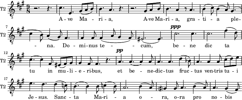 \new Staff \with {
midiInstrument = "violin"
shortInstrumentName = #"T2 "
instrumentName = #"T2 "
} {
\relative c' {
\clef "treble_8"
\time 9/8 \key a \major
r2. r4.
cis4. e,4. gis8 (a b)
b4. a4. r4.
r2. gis8 a b
b4. a4 r8 a4.
b4 (cis8) b4 (a8) gis4.
( cis4 b8) a4 (gis8) fis4.
fis4 fis8 fis4 (a8 gis4 fis8)
eis2. ( eis4. )
cis'2. ^\ppp cis4.
cis2. fis4 (d8)
cis4. (cis4) fis,8 eis (fis) gis
gis4 fis8 fis4. r4.
a4. ^\pp a4. (a4) a8
a4. a4. d4 (bes8)
a4. a4 a8 cis8 (d) e
e4. d4. d4 (c8)
b4. (b4) b8 c4 (b8)
a2. b4 (a8)
gis?4 gis8 a4. b4 (a8)
a4. gis4 (fis8)
} }
\addlyrics {
A -- ve Ma -- ri -- a,
A -- ve Ma -- ri -- a, gra -- ti -- a ple -- na.
Do -- mi -- nus te -- cum,
be -- ne dic ta tu in mu -- li -- e -- ri -- bus,
et be -- ne -- dic -- tus fruc -- tus ven -- tris tu -- i Je -- sus.
Sanc -- ta Ma -- ri -- a
o -- ra, o -- ra pro no -- bis
nunc et in ho -- ra mor -- tis nos -- trae. A -- men, a -- men, a -- men
}