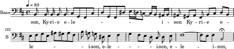 
\new Staff \with {
  midiInstrument = "violin"
  shortInstrumentName = #"B "
  instrumentName = #"Bass"
  } {
  \clef bass \relative c {  
  \set Score.currentBarNumber = #119
  \tempo 4=80
   \time 4/4 \key b \minor 
         \autoBeamOff
         b8     b16 b16 b8 b cis [g fis cis']
         d [ g, fis dis'] e16 [d! c8~ ] c16 [ b ] ais [b  ]
         ais8      gis [ais] fis b [ cis] d [b ]
         e [ fis g e ] ais [gis ais fis ]
         b8 a! g! dis e4 fis
         g4 fis8 [e]  d cis   d e
         fis1~
         fis8 [e] fis4 b,2\fermata
         
  }  }
 \addlyrics { 
              son,
              Ky -- ri -- e e -- le -     - i -- son
              Ky -- ri -- e e -- le   - -  i -- son,
              e -- le - - -  - i -- son,
              e -- le -- i -- son,
            }

